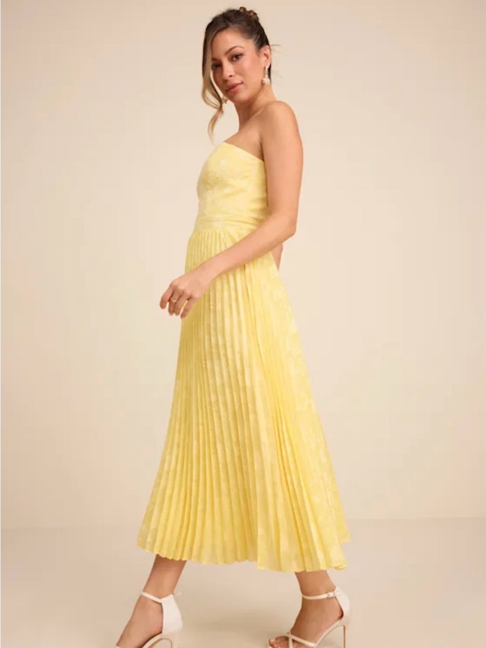 Lulus - NEW - “Perfectly Stunning Yellow Jacquard Strapless Midi Dress” - Size L